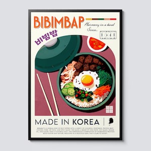 Vintage korean bibimbap wall art, graphic illustration, asian cuisine decor, perfect foodie gift