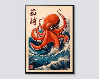 The Great Octopus, Japanese Cartoon Style Wall Art, Anime Ukiyo-e Inspired Print, Sea Monster Fantasy Decor Poster