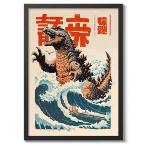 May include: Framed art print featuring a Godzilla-like monster emerging from ocean waves. The monster is depicted in shades of orange, black, and gray, with Japanese text at the top. A ship is in the water. The art has a vintage aesthetic.