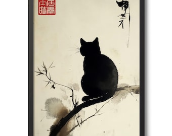 May include: Black framed art print featuring a black cat silhouette perched on a branch. The artwork is in a traditional Japanese style, with brushstrokes and calligraphy. A red seal is in the upper left corner.