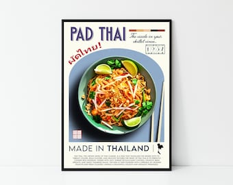 Pad Thai-poster, mattryck, modern köksinredning, thailändsk mat, kocktryck, barkonst, retro väggkonst, Thailand, presenter, inramad A6 A5 A4 A3 A2 A1