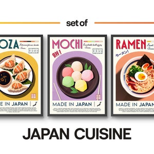 Set of 3 Japanese Cuisine Poster, Food Print, Gyoza, Ramen, Mochi, Modern Kitchen Decor, Bar Art, Wall Art, Gifts, Framed A6 A5 A4 A3 A2 A1