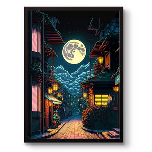 Può includere: Un'illustrazione digitale di una stretta via fiancheggiata da edifici di notte. La via è illuminata da lanterne e la luna è visibile nel cielo. Gli edifici hanno uno stile giapponese tradizionale.