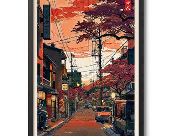 May include: A digital illustration of a street scene in Japan. The street is lined with buildings and trees. The sky is a vibrant orange and pink. The text "さくら" is written in Japanese on the right side of the image.