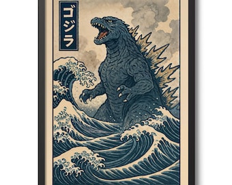 May include: Framed art print featuring Godzilla in a traditional Japanese art style. The artwork depicts Godzilla emerging from ocean waves, with the Japanese text "ゴジラ" in a blue rectangle. The color palette includes shades of blue, beige, and gold.