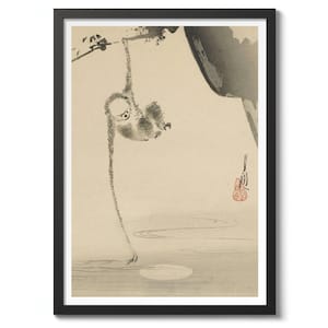 May include: A framed print of a Japanese woodblock print. The artwork depicts a monkey hanging from a tree branch, with a long tail extending towards a moonlit body of water. The color palette is muted, with shades of beige, gray, and black.