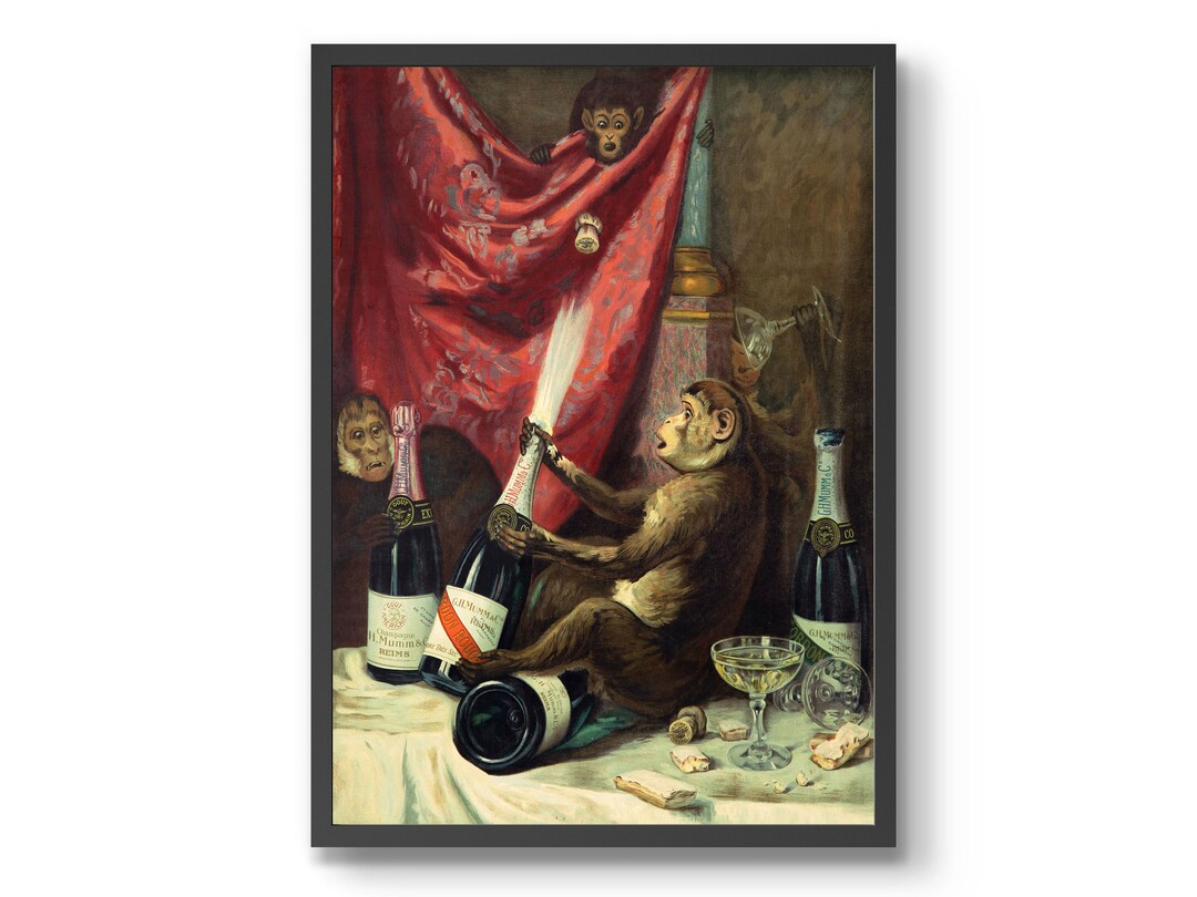 Champagne Monkeys Poster, Vintage Bar & Kitchen Print, Alcohol