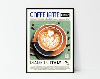Caffe Latte-poster, mattryck, modern köksinredning, italiensk mat, kocktryck, barkonst, retro väggkonst, Italien, inramad A6 A5 A4 A3 A2 A1