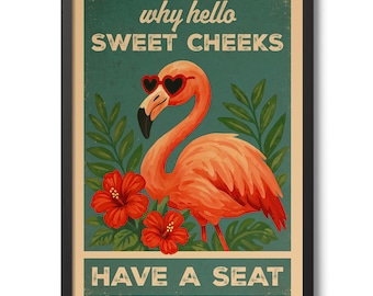 Hello Sweet Cheeks Flamingo Print, grappige badkamerposter, typografische kunst aan de muur decor, toilethumor cadeau