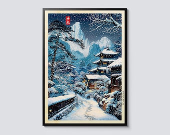 Plakat w stylu anime „Śnieżna wioska”, japoński drzeworyt, ilustracja ukiyo-e, dekoracja zimowa, dekoracja ścienna z górską pagodą, prezent