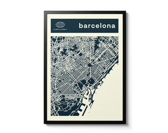 Barcelona – wydruk mapy miasta, nowoczesna sztuka ścienna z motywem podróży, wystrój wnętrz w stylu retro, pomysł na prezent w stylu vintage