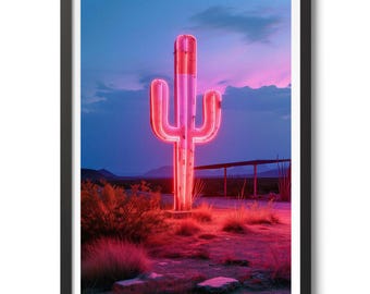 Gloeiende cactus-neonprint, moderne fotografische poster, kunst aan de muur, woestijnthema