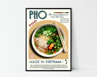 Pho-affisch, mattryck, modern köksinredning, vietnamesisk mat, kocktryck, barkonst, retro väggkonst, Vietnam, present, inramad A6 A5 A4 A3 A2 A1