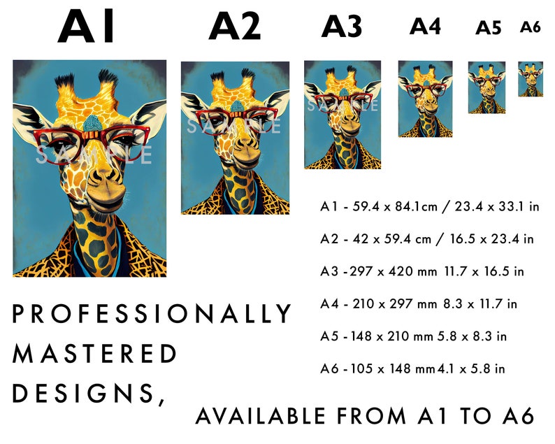Op de afbeelding: Een kleurrijke illustratie van een giraffe met een rode bril en een gepatroneerd jasje. De afbeelding is verkrijgbaar in verschillende formaten, van A1 tot A6, met de hieronder vermelde afmetingen. Professioneel gemaakte ontwerpen.