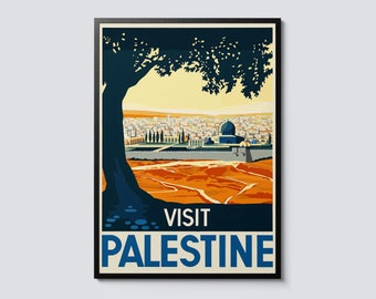 Bezoek Palestina vintage reisposter, stad Midden-Oosten muurkunst, illustratief decor, perfect cadeau-idee