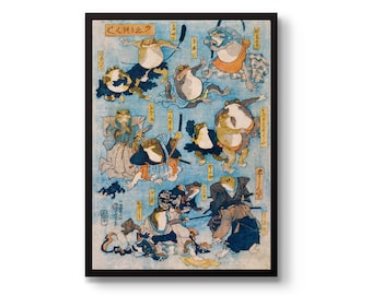 Plakat z żabami Kabuki, japońska ilustracja kulturowa, wydruk z żabą Utagawy Kuniyoshi, dekoracja ścienna do domu, pomysł na prezent, oprawiony w ramę A6 A5 A4 A3 A2 A1