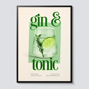 Gin & tonic cocktail photographic print, retro graphic style, green wall art decor, ideal gift for drink enthusiasts