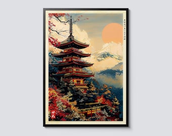 May include: A vintage-style illustration of a red pagoda in a mountain landscape. The pagoda has a layered roof and is surrounded by trees. The background features a large, orange sun and a snow-capped mountain. The text "あたらしいみらいを" is written in Japanese on the right side of the image.