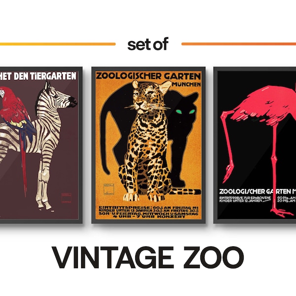 Vintage Munich Zoo Set of 3 Prints, Framed Zoo Poster, Animal Wildlife Advertisement, Home Decor Wall Art, A6 A5 A4 A3 A2 A1, Gift