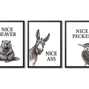 Grappige badkamerdieren posterafdrukken, typografie kunstset, schattig toiletdecor, zwart-witte muurkunst, cadeau