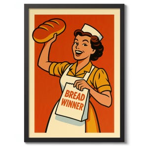 Op de afbeelding: Een ingelijste vintage print met een lachende vrouw in een bakkersuniform die een brood en een papieren zak met de tekst "BREAD WINNER" vasthoudt. De achtergrond is oranje, met een crèmekleurige rand.