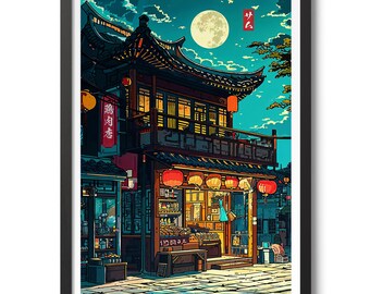 May include: A digital illustration of a street scene in a Chinese city at night. The street is lined with buildings, including a shop with red lanterns hanging from the awning. The shop sign reads "猪肉店". A full moon hangs in the sky.