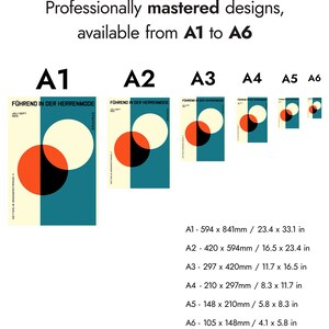 May include: A set of six different sized posters with a geometric design featuring overlapping circles in red, black, and cream on a teal background. The posters are labeled A1 through A6 and include the text "F&uuml;hrend in der Herrenmode" and the measurements for each size in inches and millimeters.