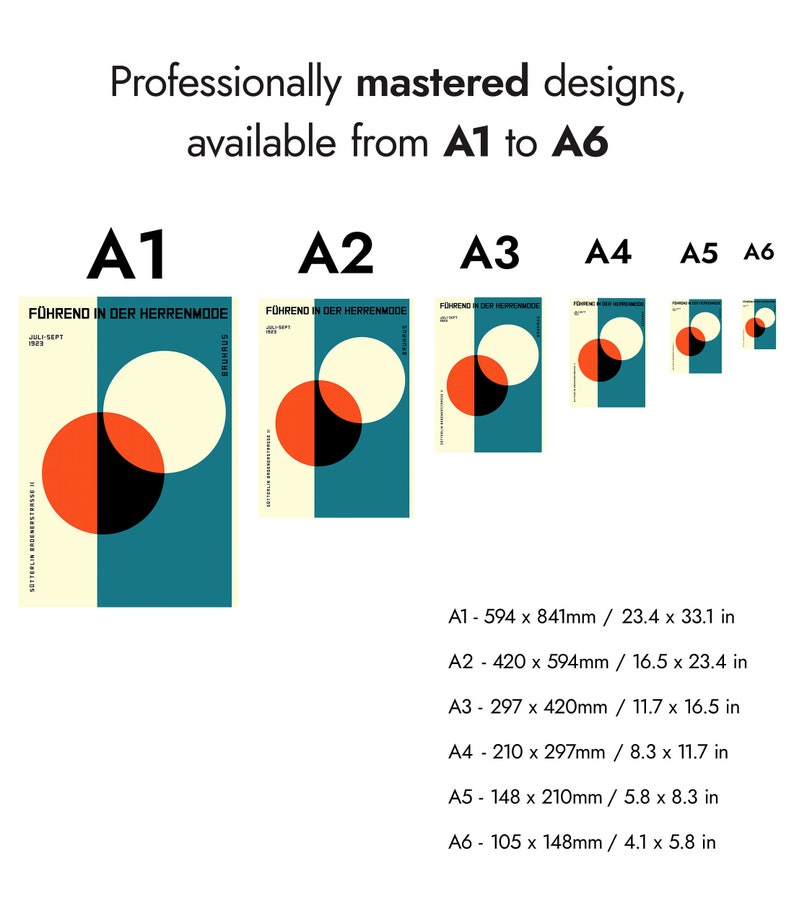 May include: A set of six different sized posters with a geometric design featuring overlapping circles in red, black, and cream on a teal background. The posters are labeled A1 through A6 and include the text "F&uuml;hrend in der Herrenmode" and the measurements for each size in inches and millimeters.