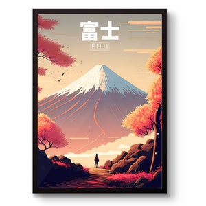 May include: A digital illustration of Mount Fuji, a snow-capped mountain in Japan, with a person standing on a path leading to the mountain. The mountain is surrounded by trees with pink and red leaves. The text "富士山" (Fuji) is written in Japanese characters at the top of the image.