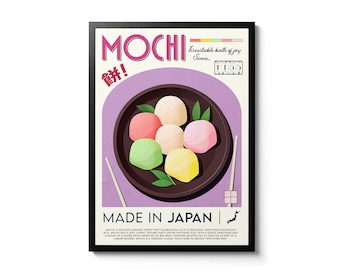 May include: A retro-style poster advertising mochi, a Japanese sweet treat. The poster features a plate of colourful mochi with chopsticks and green leaves. The text on the poster reads "Mochi, irresistible balls of joy since 1105. Made in Japan."
