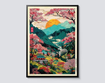 Mount Yoshino Valley, poster in Japanse cartoonstijl, ukiyo-e illustratie anime muurkunst, bloesem en tempel decor print