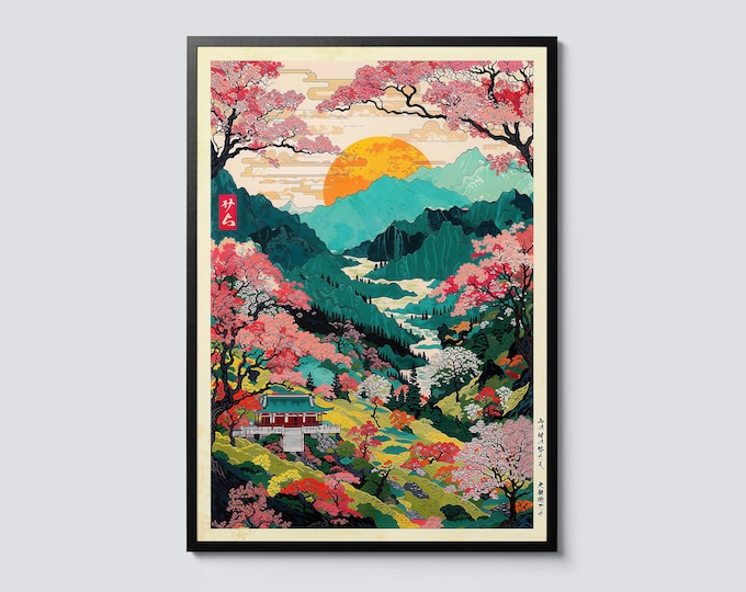 Mount Yoshino Valley, Japanese Cartoon Style Poster, Ukiyo-e Illustration Anime Wall Art, Blossom and Temple Decor Print