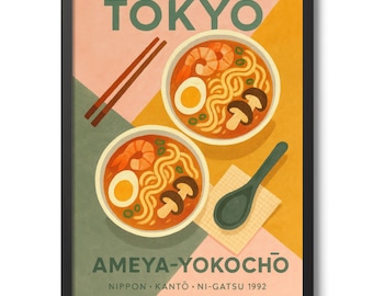 May include: Framed art print with a retro illustration of two bowls of ramen, with shrimp, eggs, and mushrooms. The word "TOKYO" is at the top, and "AMEYA-YOKOCHŌ" is at the bottom, with Japanese text.