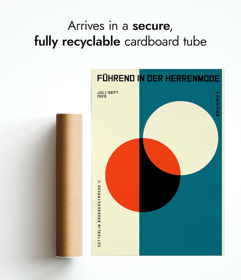 May include: A vintage poster with a Bauhaus design featuring a red, black, and white circle on a teal background. The poster text reads "F&Uuml;HREND IN DER HERRENMODE" and "JULI-SEPT 1923".