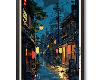 May include: A digital illustration of a narrow, rain-soaked alleyway in Japan. The alley is lined with traditional Japanese buildings with lanterns hanging from the eaves. The buildings are lit with warm yellow light, and the street is wet from the rain. The text "金町" is visible on a sign hanging from one of the buildings.
