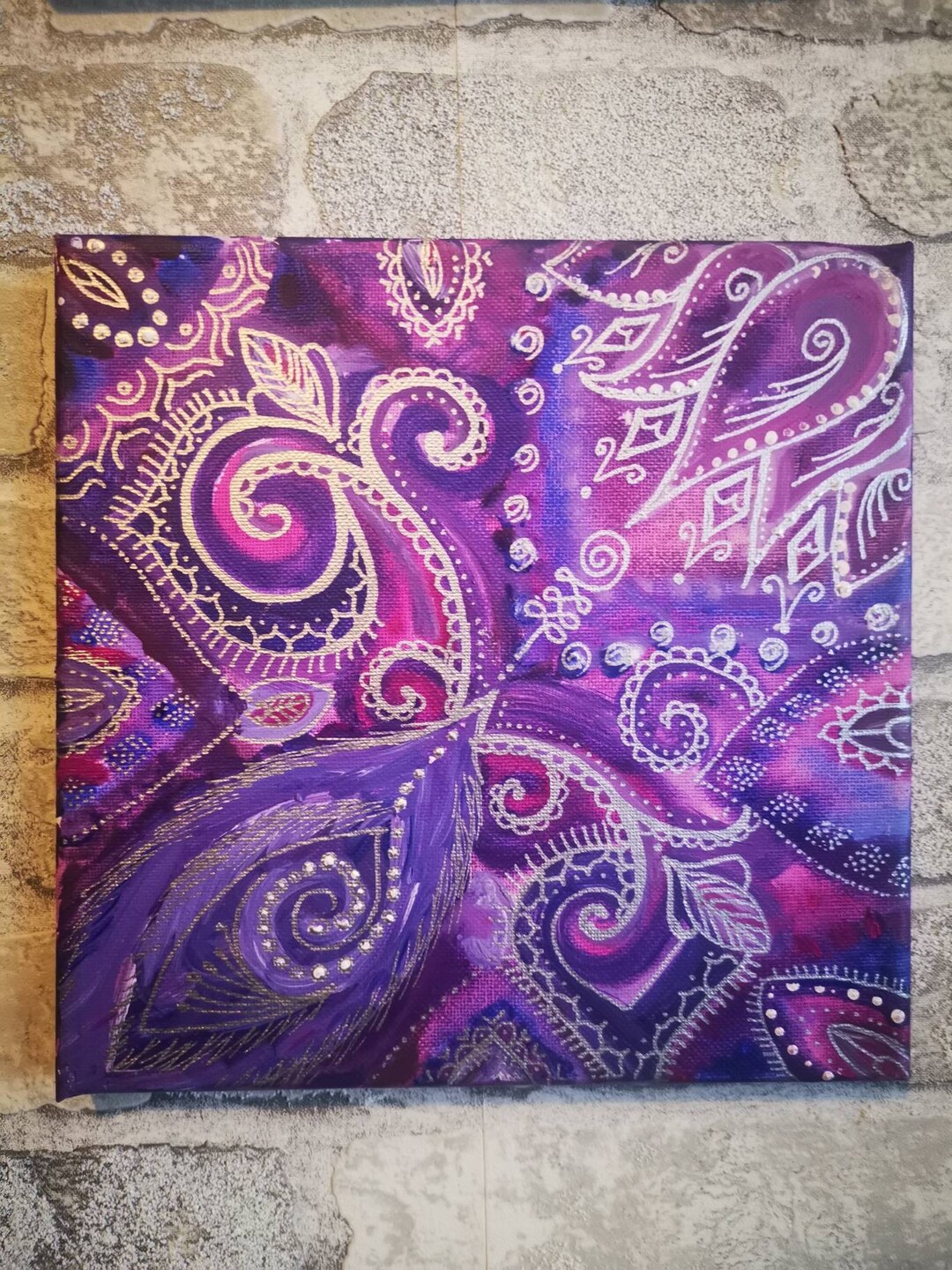 Square Painted Purple and Silver Canvas With Pattern Painted With