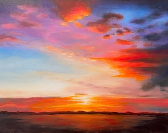 港の夕日　夏　風景油絵　アクリル il_1080xN.3579586741_b4cv.jpg