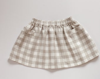 girls linen skirt, gingham skirt, skirt for girls, girls skirt with pockets, kids linen clothing