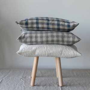 Linen pillow case, Decorative linen cushion cover, gingham linen pillow case