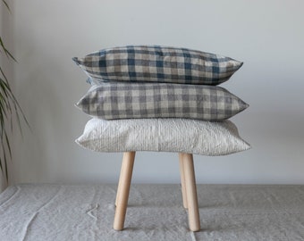 Linen pillow case, Decorative linen cushion cover, gingham linen pillow case