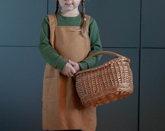 Linen Apron Dress, kids linen apron with cross back no ties, Pinafore dress