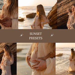 Puede incluir: Una serie de fotos que muestran a una persona embarazada en una playa al atardecer. La persona lleva un atuendo color crema. El texto "SUNSET PRESETS" se muestra en una pancarta marrón.