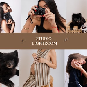 Może przedstawiać: Kolaż przedstawiający czarny aparat fotograficzny, czarnego psa rasy Pomeranian, buciki dziecięce i kobietę w ciąży. Tekst "STUDIO LIGHTROOM" jest wyświetlany na brązowym banerze. Obrazy mają miękką, ciepłą estetykę.