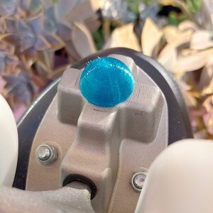 small jam plug, in teal color, mounted in a roller skate, seen from below; leafs as background