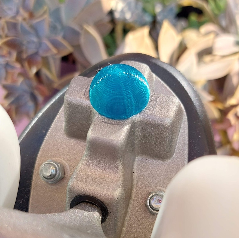 small jam plug, in teal color, mounted in a roller skate, seen from below; leafs as background