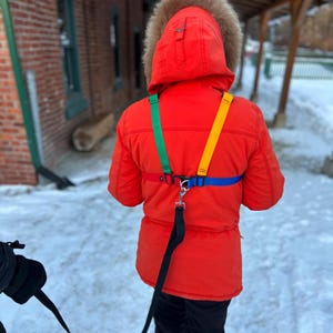 Könnte beinhalten: Eine leuchtend orangefarbene Winterjacke mit Kapuze, getragen mit einem mehrfarbigen Geschirr aus grünen, gelben und blauen Nylongurten. Das Geschirr verfügt über eine schwarze Kunststoffschnalle in der Mitte und einen Metall-D-Ring an einer langen schwarzen Leine.