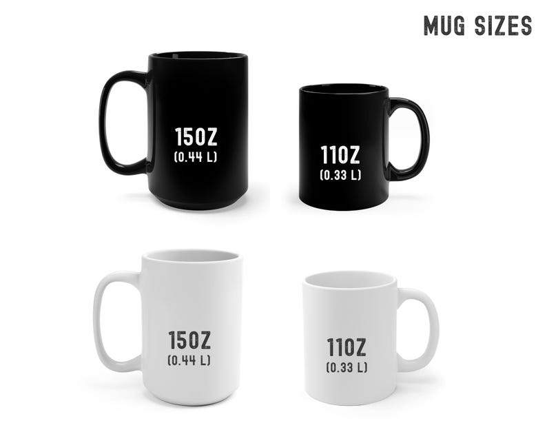 May include: Two black and two white mugs with handles. The mugs are labeled with their size in ounces and liters: 15oz (0.44 L) and 11oz (0.33 L).