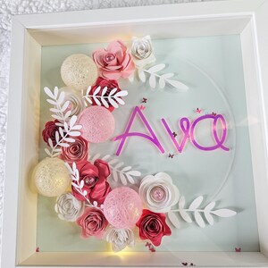 May include: A white frame with a light green background and a circle in the center. The circle has a pink and white paper flower arrangement with the name "Ava" in pink neon letters. The flowers are surrounded by white paper leaves and small white cotton balls.
