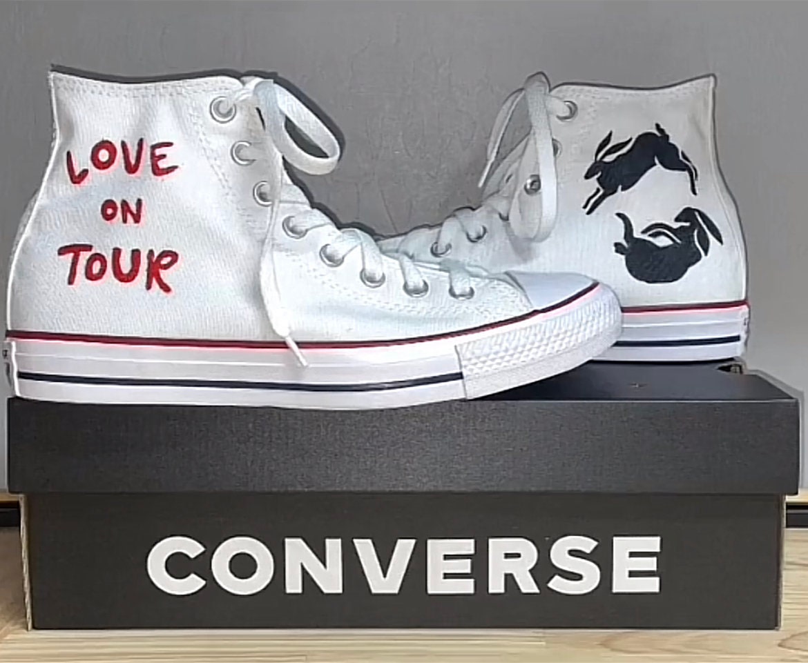 Bad Bunny Valentines Day Rainbow Heart Portrait Custom Low Top Converse  White: LIMITED TIME ONLY - Custom Converse Shoes