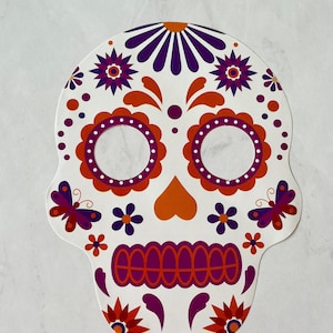 Máscara de papel com caveira de açúcar para o Dia dos Mortos | Máscara recortada em cartolina | Festa de Halloween | Artesanato para crianças decorarem | Decoração de Halloween